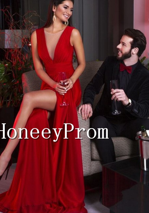 Deep V-Neck A-Line Prom Dresses, Dresses for Prom