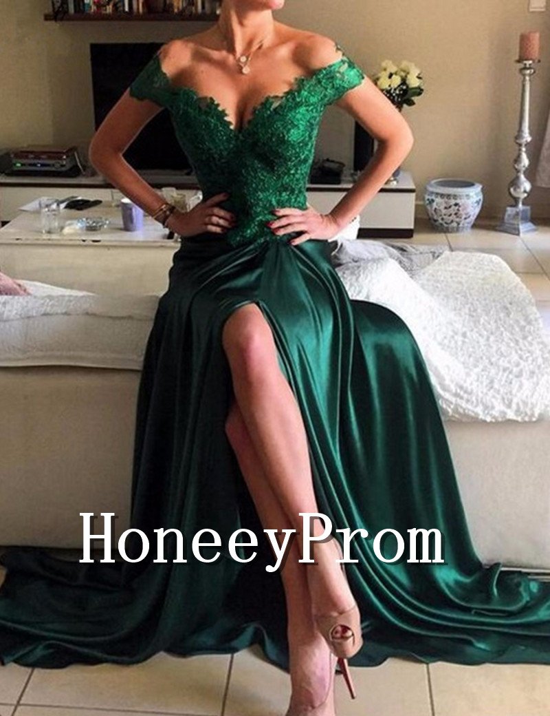 Off Shoulder Green Lace Satin Prom Dresses, Dresses for Prom