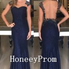 Bakcless Sheath Lace Long Prom Dresses, Dresses for Prom