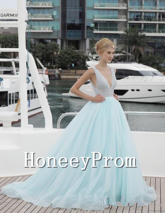 Light Blue V-Neck A-Line Prom Dresses, Dresses for Prom