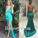 Green Satin Side Slit Prom Dresses, Dresses for Prom