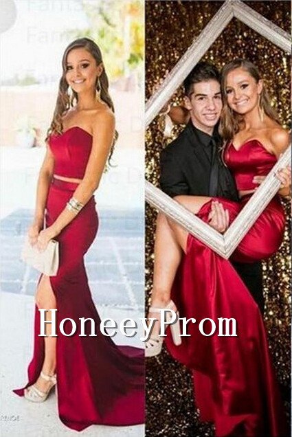 Red Satin Two Piece Prom Dresses, Dresses for Prom