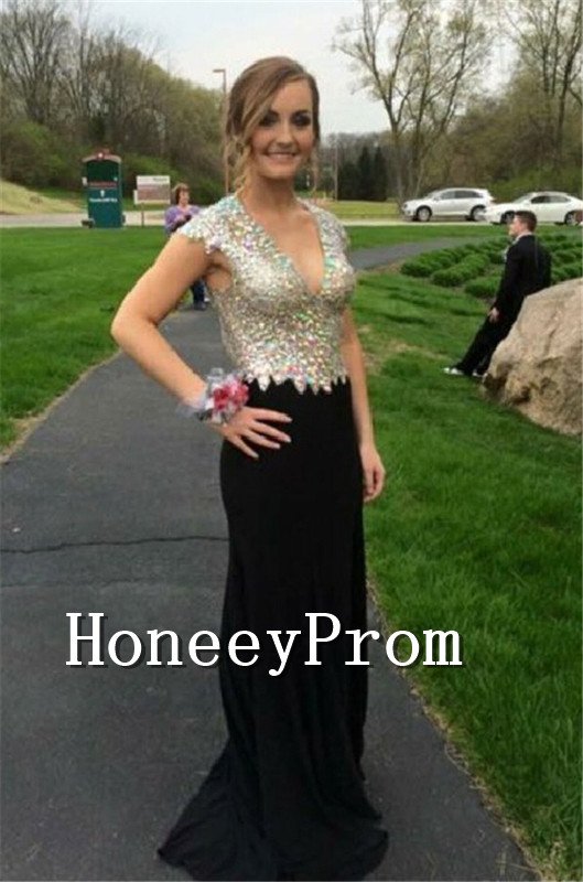 Cap Sleeve V-Neck Beaded Prom Dresses, Dresses for Prom