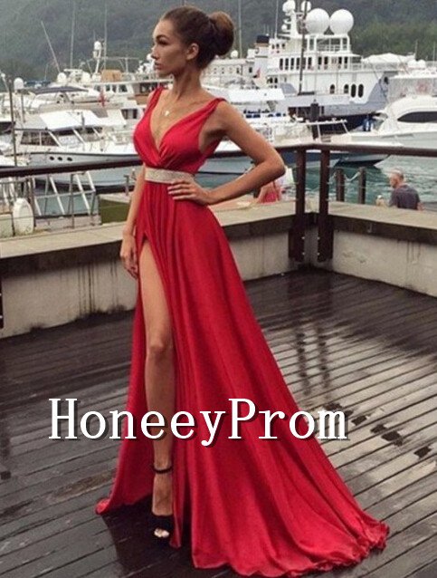 Deep V-Neck Sleeveless Long Prom Dresses, Dresses for Prom
