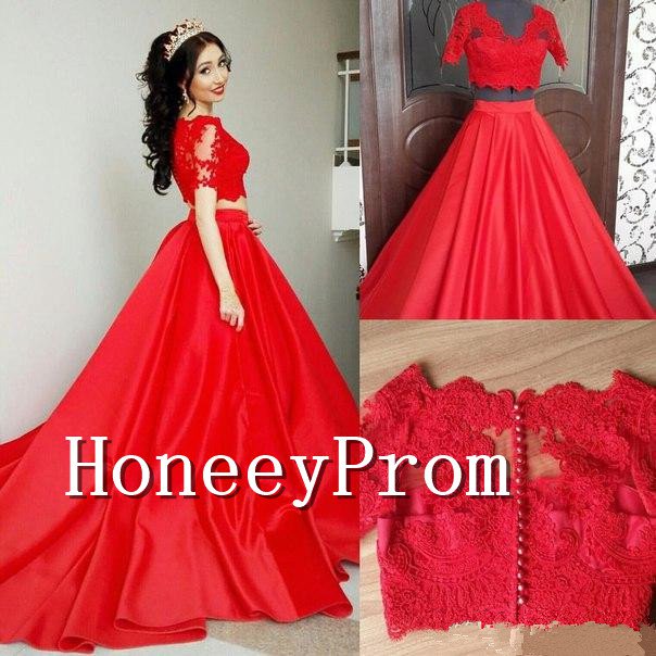 Two Piece Short Sleeve Red Prom Dresses, Dresses for Prom