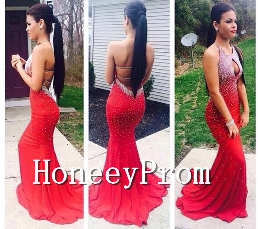 Backless Halter Beaded Mermaid Prom Dresses, Dresses for Prom