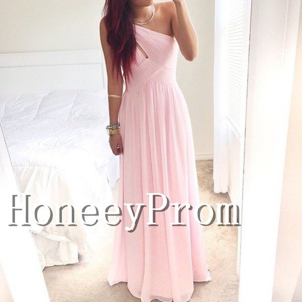 One Shoulder Pink Chiffon Prom Dresses, Dresses for Prom