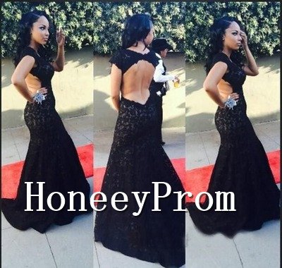 Backless Black Cap Sleeve Prom Dresses, Dresses for Prom