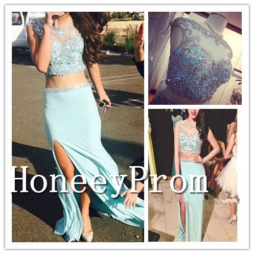 Two Piece Beaded Blue Prom Dresses, Dresses for Prom