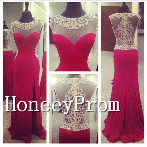 Sleeveless Red Beaded Long Prom Dresses, Dresses for Prom