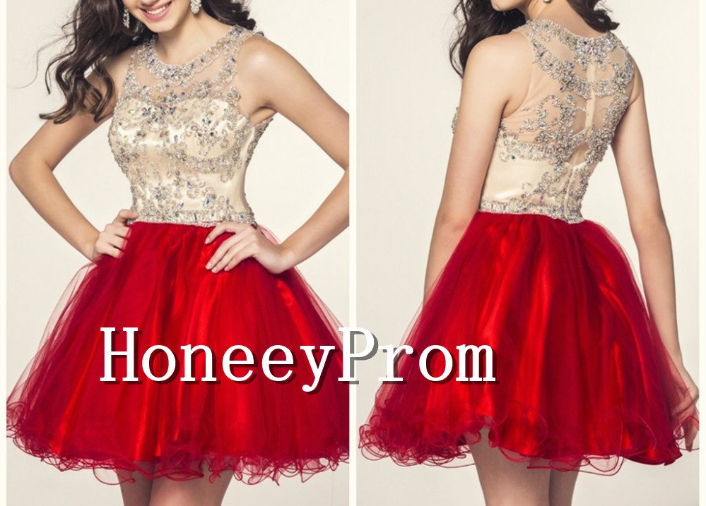 Short Mini Red Beaded Prom Dresses, Dresses for Prom