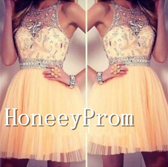 Short Mini Beaded Tulle Prom Dresses, Dresses for Prom