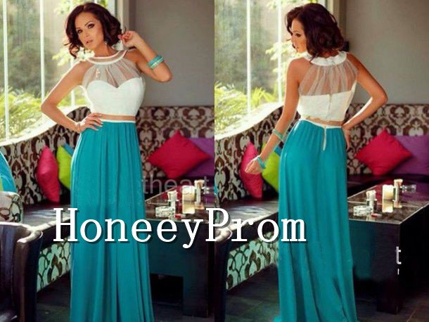 White Green Two Piece Prom Dresses, Dresses for Prom