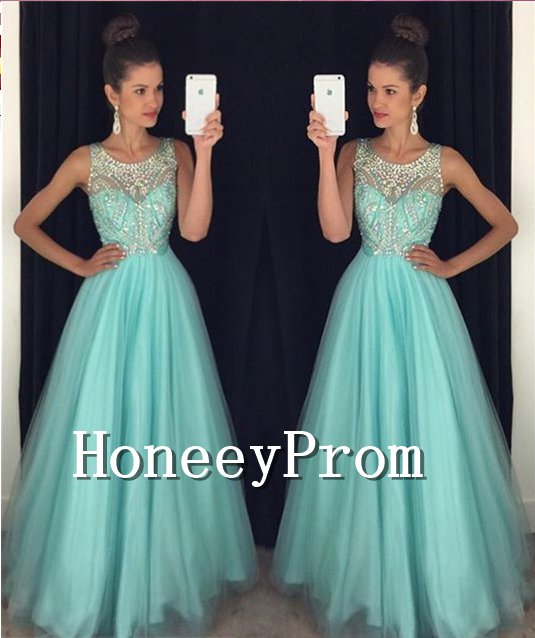 Sleeveless Beaded Mint Tulle Prom Dresses, Dresses for Prom