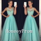 Sleeveless Beaded Mint Tulle Prom Dresses, Dresses for Prom