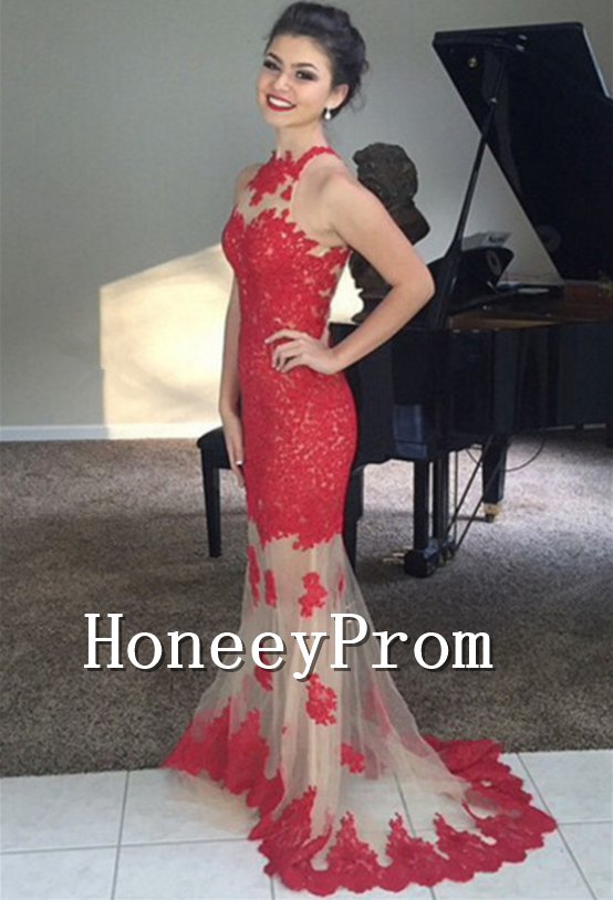Red Applique Long Tulle Prom Dresses, Dresses for Prom