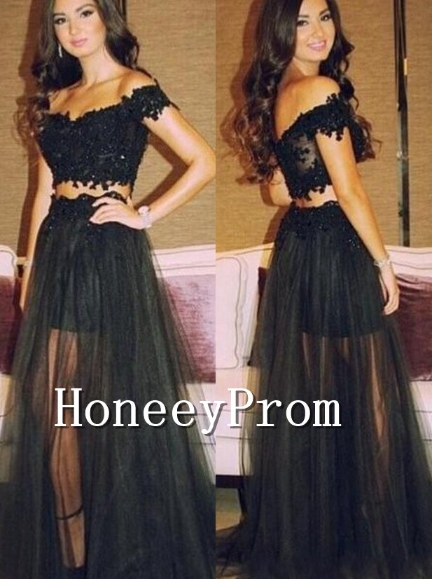 Off Shoulder Black Tulle Prom Dresses, Dresses for Prom