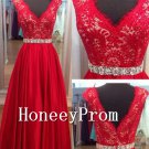 V-Neck Red Lace Satin Prom Dresses, Dresses for Prom