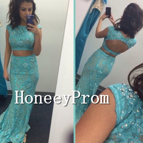 Cap Sleeve Two Piece Lace Prom Dresses, Dresses for Prom