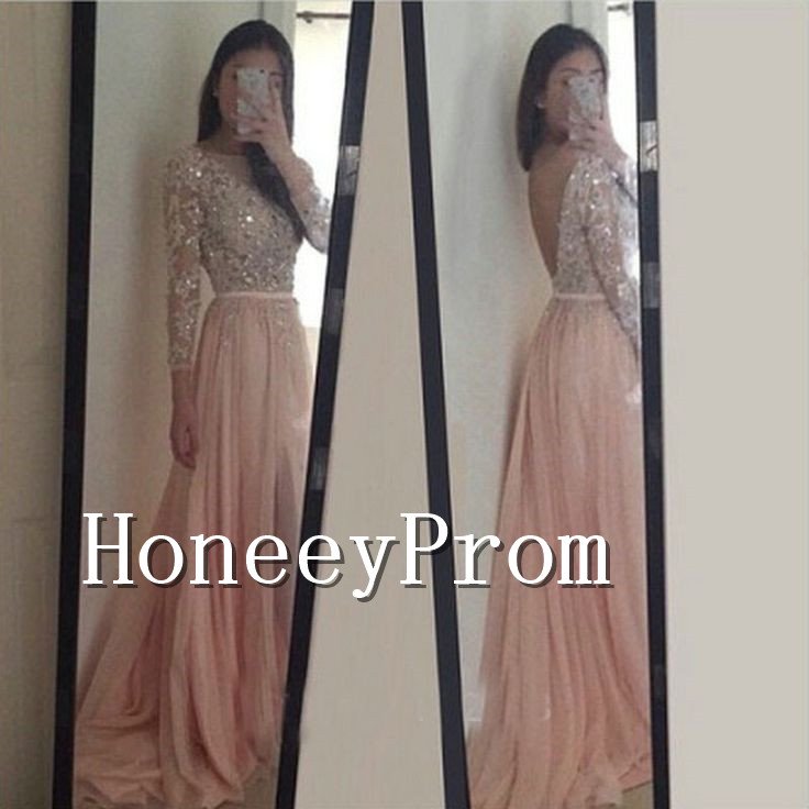 Long Sleeve Backless A-Line Prom Dresses, Dresses for Prom