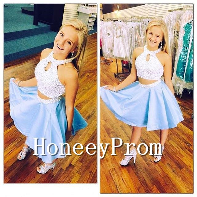 Two Piece Short Pearls Beaded Prom Dresses, Dresses for Prom