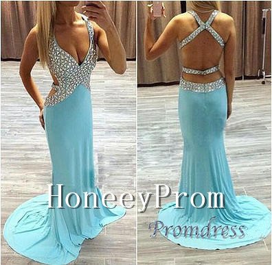 V-Neck Backless Beading Prom Dresses, Dresses for Prom