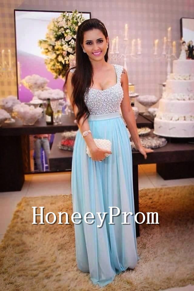 Blue Chiffon Beaded A-Line Prom Dresses, Dresses for Prom