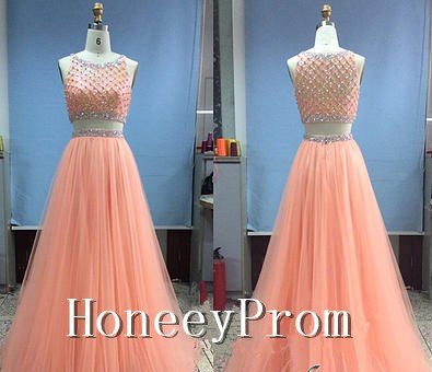 Two Piece A-Line Beaded Prom Dresses, Dresses for Prom