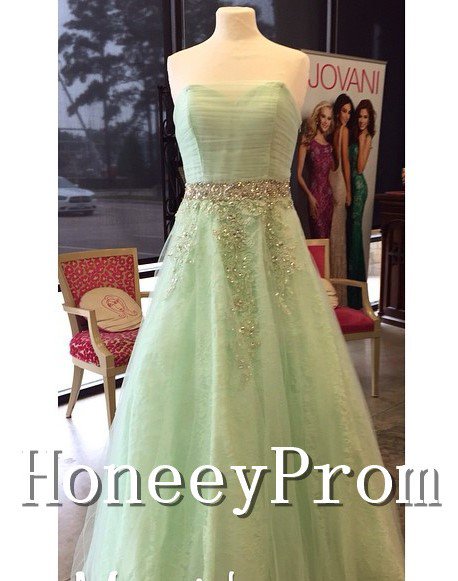 Strapless Green Tulle Long Prom Dresses, Dresses for Prom