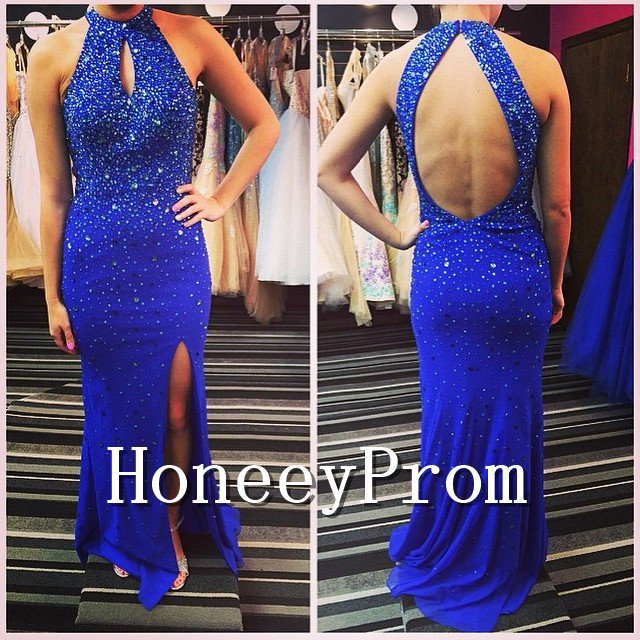 High Neck Backless Side Slit Prom Dresses, Dresses for Prom