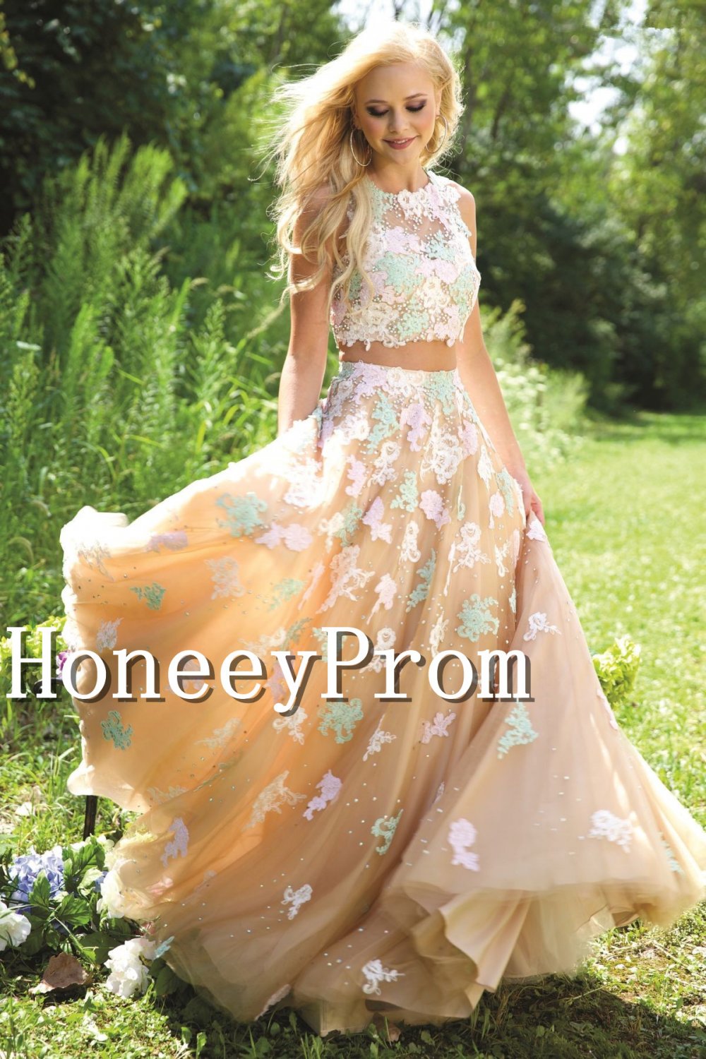Two Piece Flower Applique Prom Dresses, Dresses for Prom