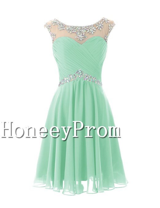 A-Line Short Beaded Chiffon Prom Dresses, Dresses for Prom