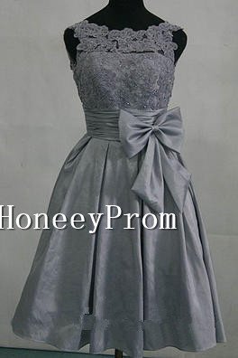 Knee Length Grey Satin Prom Dresses, Dresses for Prom