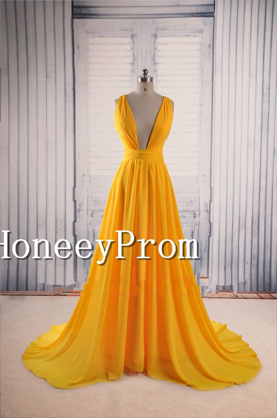 Cross Back A-Line Yellow Prom Dresses, Dresses for Prom