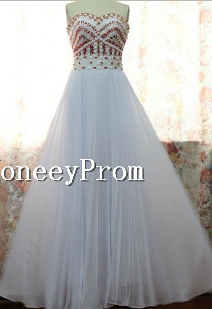 White Long Beaded A-Line Prom Dresses, Dresses for Prom
