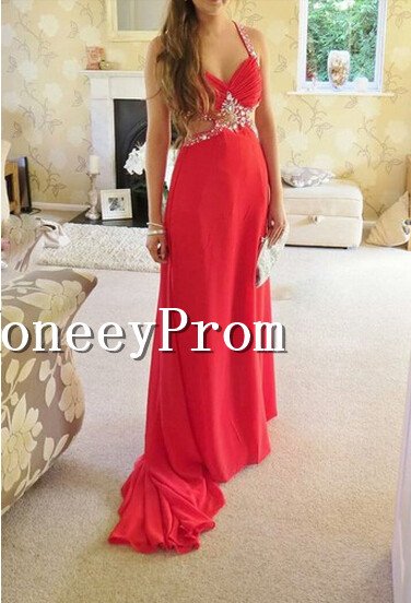 Red Chiffon Backless Long Prom Dresses, Dresses for Prom