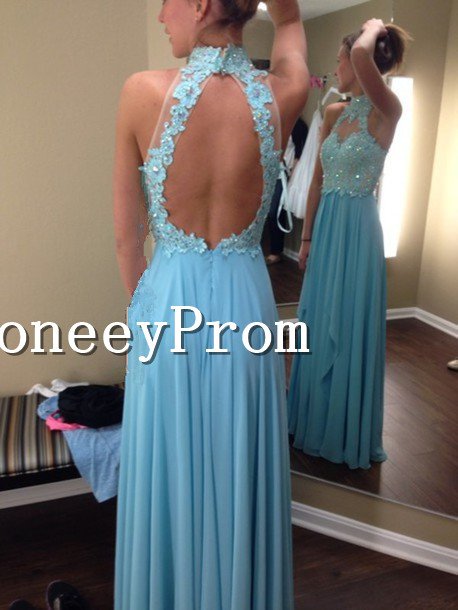 High Neck Backless Blue Prom Dresses, Dresses for Prom