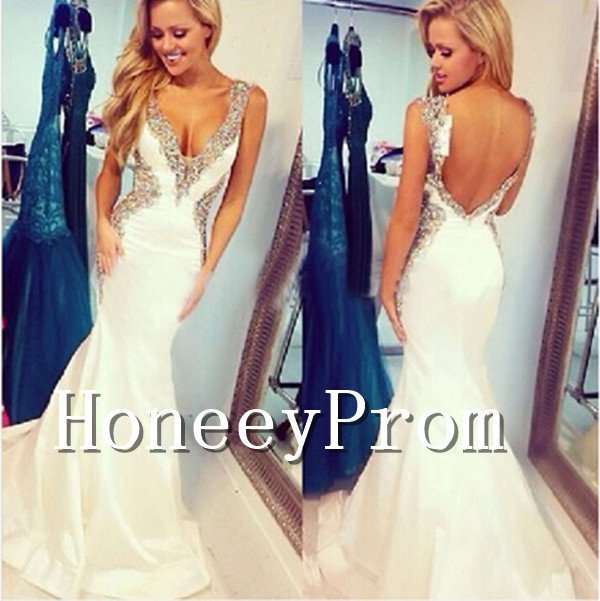 Open Back White Mermaid Prom Dresses, Dresses for Prom