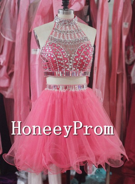 Two Piece Short Beading Prom Dresses, Dresses for Prom