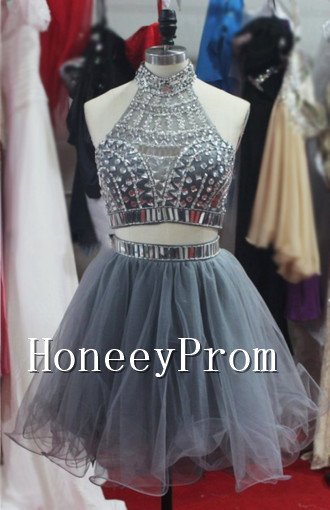 Two Piece Short Beading Prom Dresses, Dresses for Prom