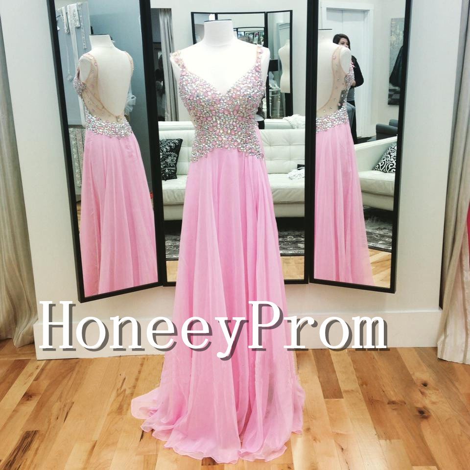 Backless Beaded A-Line Pink Prom Dresses, Dresses for Prom
