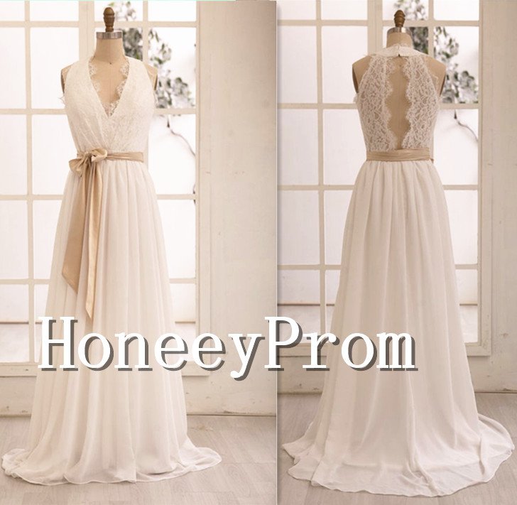 V-Neck Simple White Chiffon Prom Dresses, Dresses for Prom
