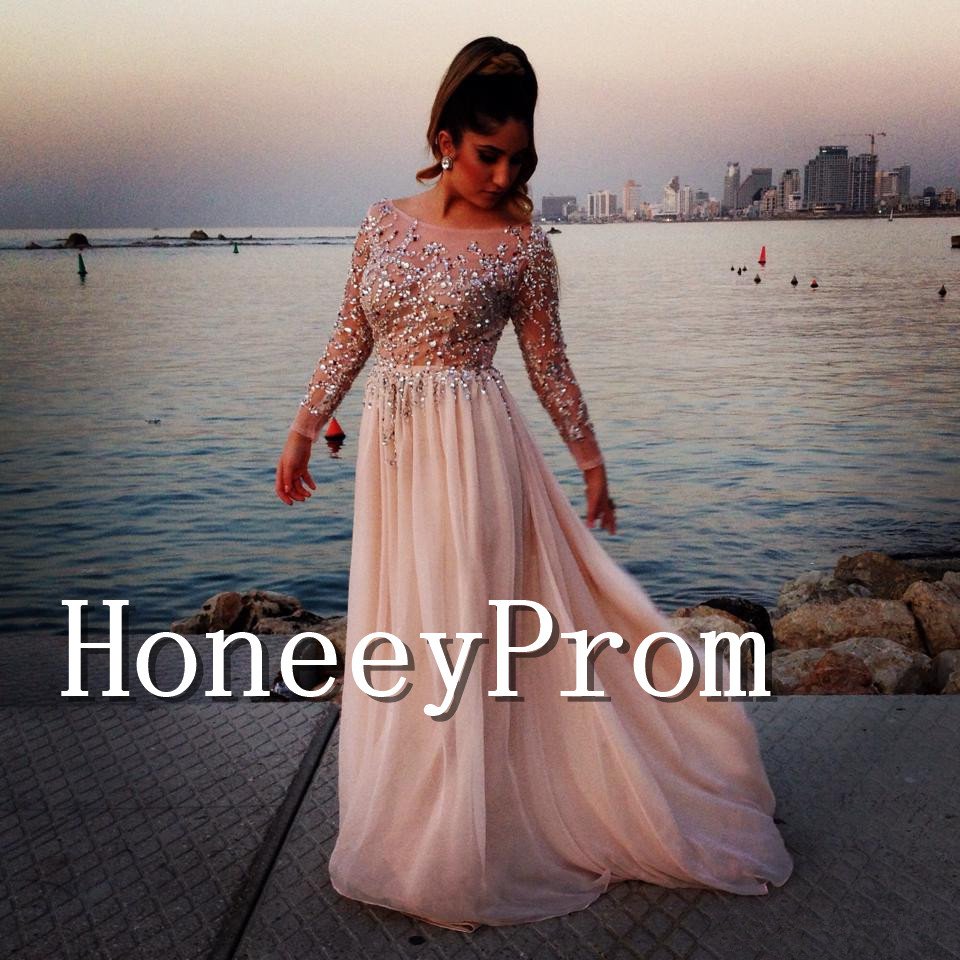 Long Sleeve Beading A-Line Prom Dresses, Dresses for Prom