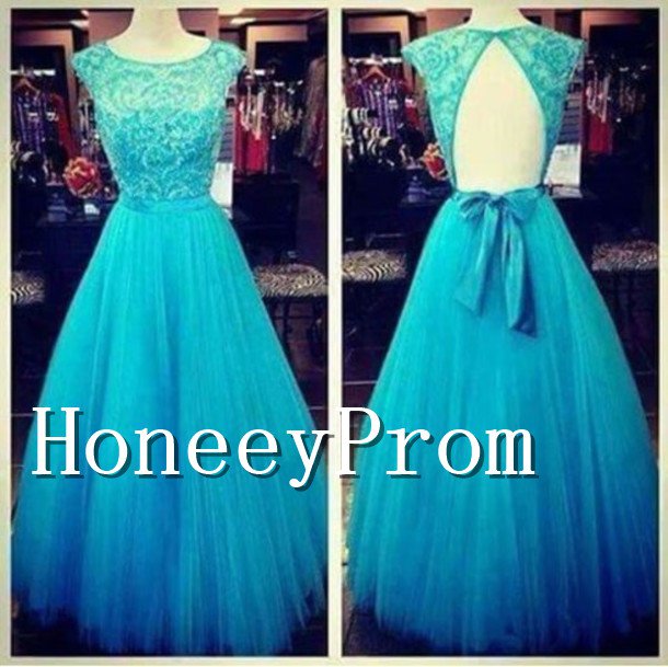 Cap Sleeve Backless Blue Prom Dresses, Dresses for Prom