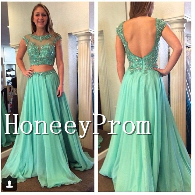 Two Piece Backless A-Line Prom Dresses, Dresses for Prom