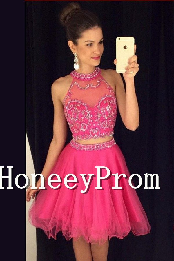 Hot Pink High Neck Short Prom Dresses, Dresses for Prom