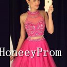 Hot Pink High Neck Short Prom Dresses, Dresses for Prom