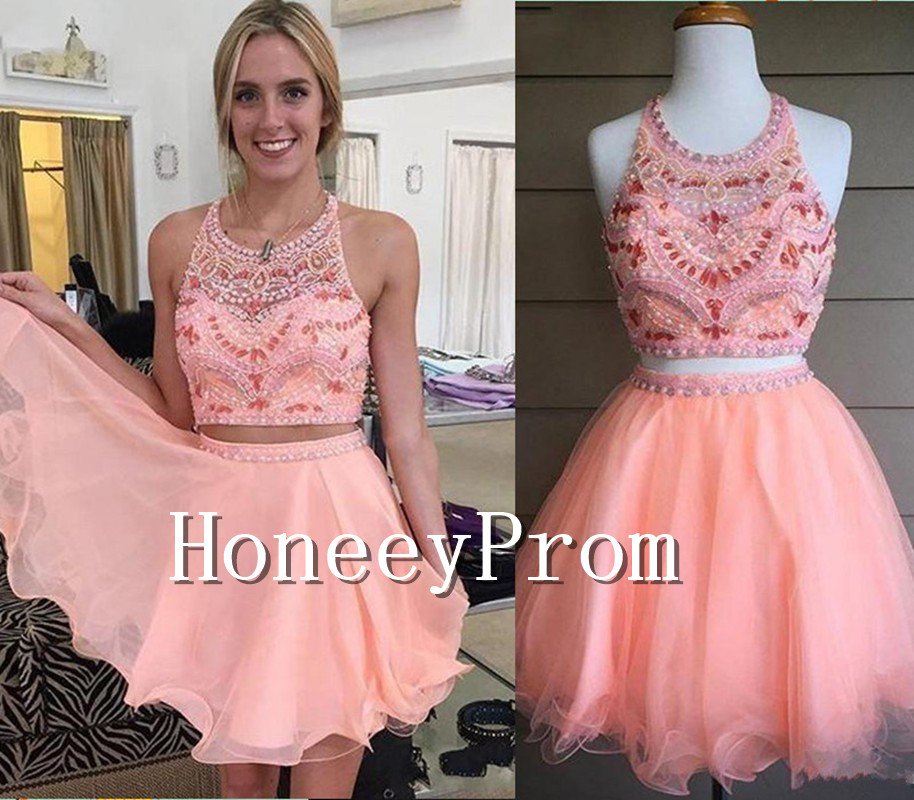 Two Piece Halter Short Prom Dresses, Dresses for Prom