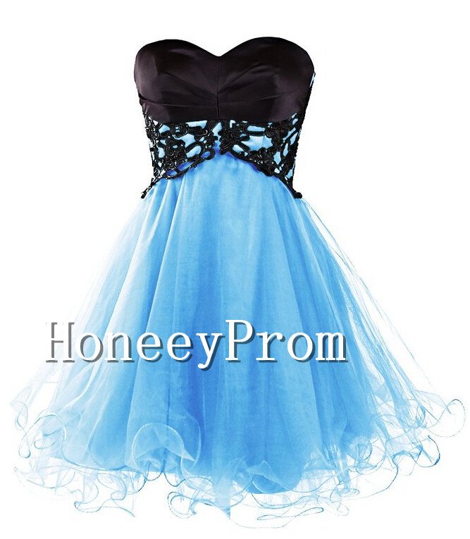 Black Applique Blue Short Prom Dresses, Dresses for Prom