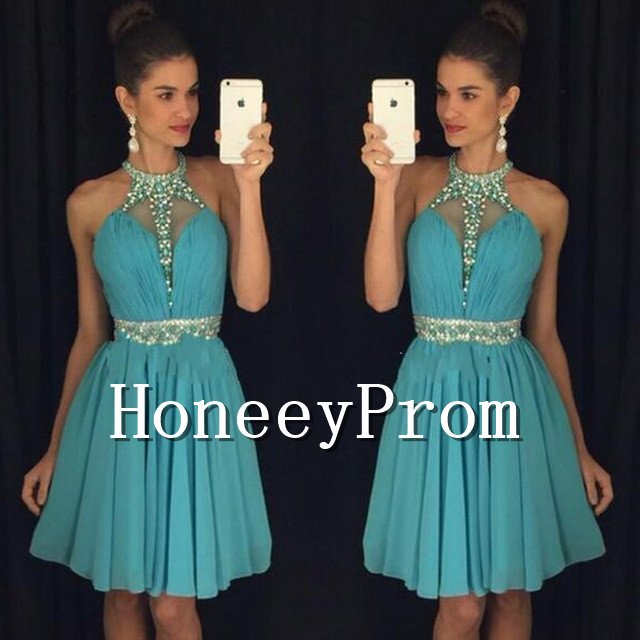 Halter Blue Short Mini Prom Dresses, Dresses for Prom
